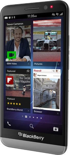 Front view of BlackBerry Z30 showing home screen with open apps, 11:35 AM time, and strong 4G signal indicated.