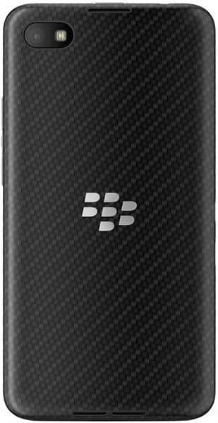 Rear view of BlackBerry Z30 showing textured back, top-left camera with flash, and centered BlackBerry logo.