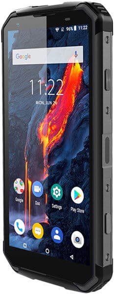 Front view of Blackview BV9500 Plus in black showing home screen, app icons, 11:22 time, and a vivid lava flow wallpaper.