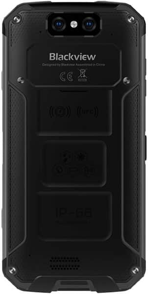 Rear view of Blackview BV9500 Plus: rugged black texture, dual cameras, NFC icon, IP68 marking, exposed screws, reinforced edges.