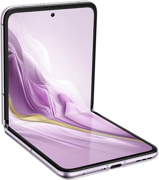 Blackview Hero 10 foldable phone displayed open, showing purple and white fluid design on screen with gold accent stripe