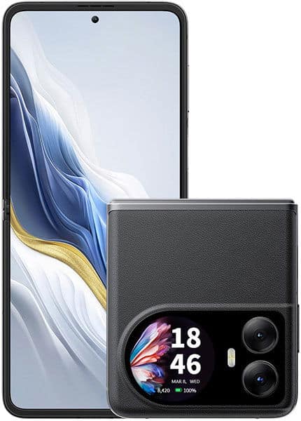 Blackview Hero 10 front and rear views, showing large display with blue and gold wallpaper, and dual rear cameras with always-on screen displaying time and battery status