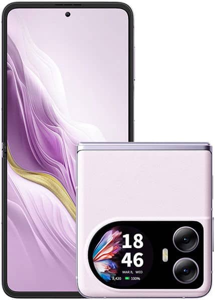 Blackview Hero 10 front and rear views, showing purple-toned display screen and dual rear cameras with time display on cover screen