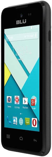 BLU Advance 4.0L smartphone front view with colorful geometric display showing home screen icons