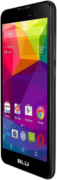BLU Advance 5.0 smartphone front view, displaying colorful home screen with app icons and 78° temperature reading