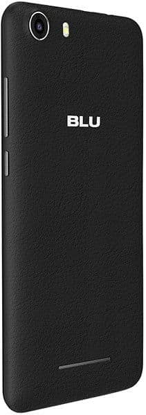 BLU Advance 5.0 rear view, black textured back with camera lens and BLU logo