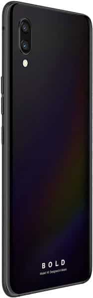 BLU Bold N1 smartphone rear view, black gradient finish with dual camera setup