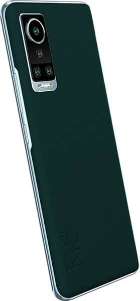 BLU Bold N2 smartphone in dark green, rear view showing quad camera setup and BLU branding
