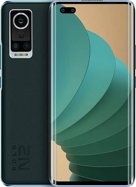 BLU Bold N2 phone shown front and back, displaying dark green body with triple rear camera setup and teal-green wallpaper on screen