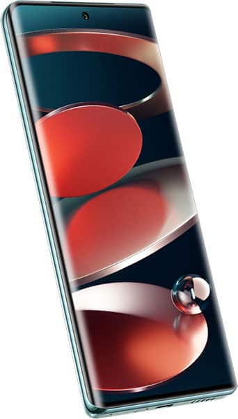 BLU Bold N3 smartphone, front view, displaying abstract red and dark curved shapes on screen