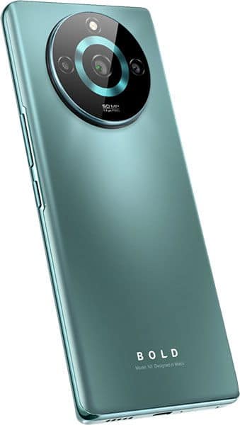 BLU Bold N3 smartphone in teal, rear view showing circular camera array and "BOLD" branding