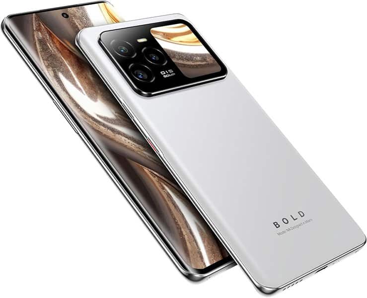 BLU Bold N4 rear view, white finish with triple camera module and "BOLD" branding, displayed at angle with dark variant shown behind