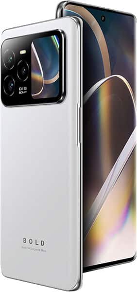 BLU Bold N4 smartphone in white, front and rear view showing large display with colorful gradient wallpaper and dual camera setup