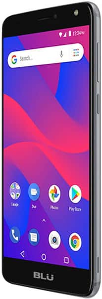 BLU C6 smartphone, black frame, angled front view; display shows app icons and Google search bar on a colorful background.