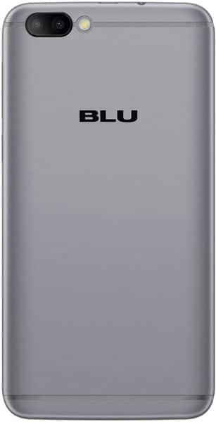 Rear view of silver BLU C6 showing centered BLU logo, dual camera and flash in top left, and smooth metallic finish.