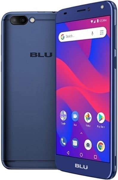 BLU C6 smartphone in blue, front view with display on (apps, time), rear view showing dual cameras and BLU logo.