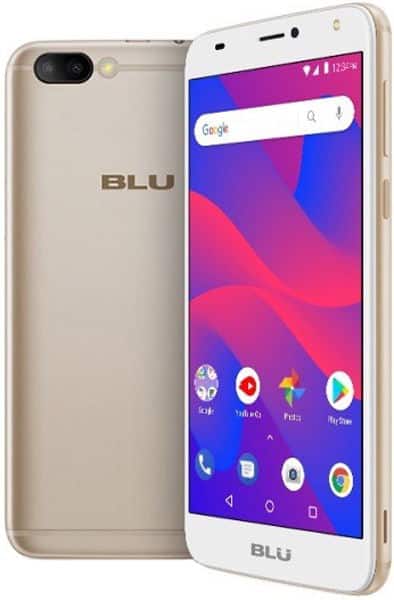 BLU C6 smartphone in gold shown front and rear; front shows screen with apps, rear displays camera and BLU logo.