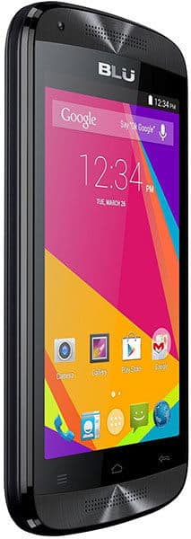 BLU Dash C Music smartphone front angled view, black frame, screen shows app icons, Google bar, 12:34 PM, March 28.