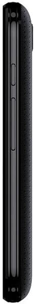 Side close-up of BLU Dash C Music smartphone in black textured case, displaying volume buttons and mute switch.