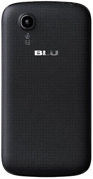 Rear view of black BLU Dash C Music phone; textured back, "3.2" labeled camera, silver BLU logo at center.