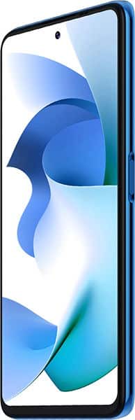 Front view of blue BLU F91 phone showing large display, thin bezels, centered camera cutout, and right-side button.