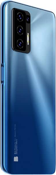 Rear view of blue BLU F91, showing rectangular triple camera with flash (upper left) and side button on the left edge.