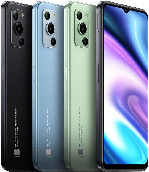 BLU F92e smartphones in black, light blue, and green, displayed from rear and side angles showing dual rear cameras and front screen