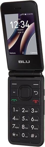 BLU Flex flip phone, open position, showing time 12:34 on upper screen and numeric keypad on lower section