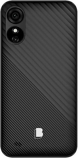 Rear view of black BLU G33 smartphone showing diagonal textured back, dual cameras, flash, and white logo at the bottom.