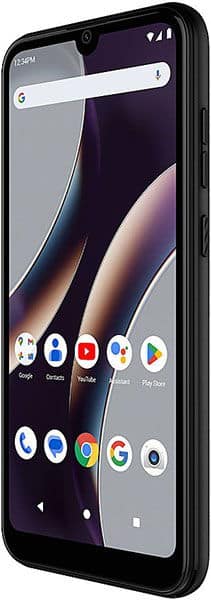 BLU G33 smartphone in black, front display on with app icons, angled to highlight the right-side buttons.