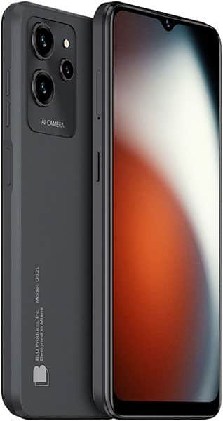 BLU G52L front and rear view, showing triple camera setup on dark back and display with gradient wallpaper