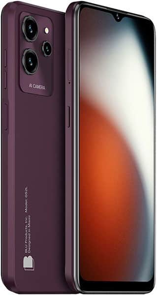 BLU G52L smartphone, front and rear view, purple finish with triple camera setup and illuminated display showing gradient wallpaper