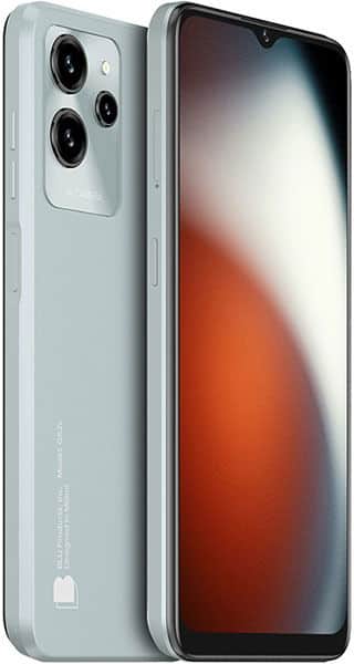 BLU G52L smartphone, rear and front view, light blue finish with triple camera setup and display showing gradient wallpaper