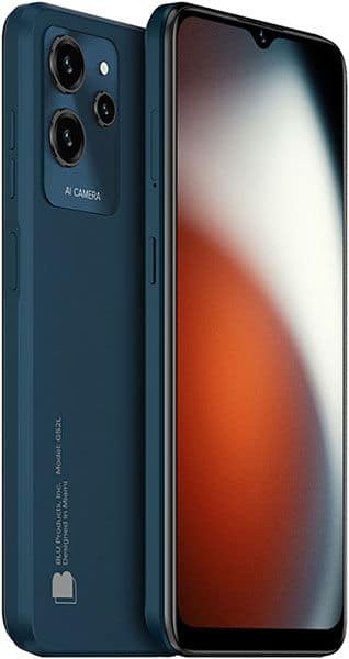 BLU G52L front and rear view, dark blue phone with triple camera setup and waterdrop notch display showing gradient wallpaper