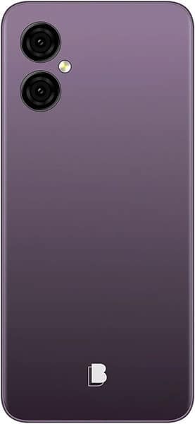 Rear view of purple BLU G53 smartphone with dual cameras, flash in top left, and white logo at bottom center.