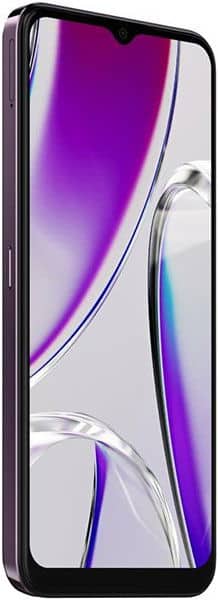 BLU G53 smartphone shown from front and left-side, slim black bezel, large display with purple-white abstract wallpaper.