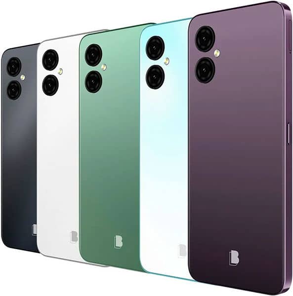 Rear view of five BLU G53 phones in black, white, green, blue, and purple, each with dual rear cameras and bottom logo.