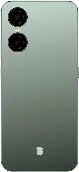 BLU G63 rear view, green smartphone with dual round camera lenses and BLU logo