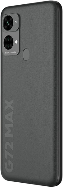 BLU G72 Max rear view, showing dual rear cameras and fingerprint sensor on dark gray back