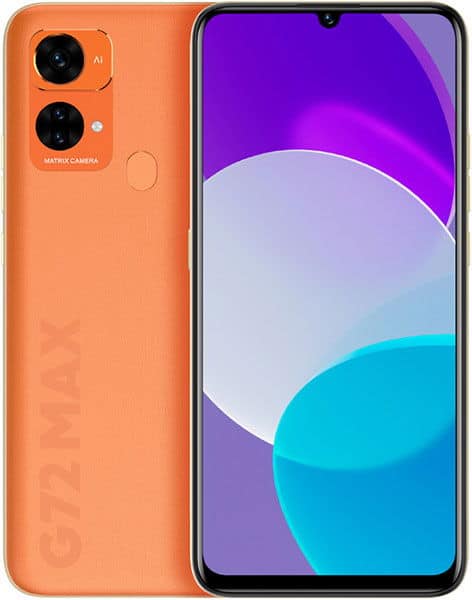 BLU G72 Max front and rear view showing orange back with dual cameras and purple-to-cyan gradient display