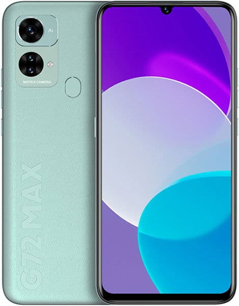 BLU G72 Max front and back view showing mint green phone with dual camera setup and colorful purple-to-cyan gradient display