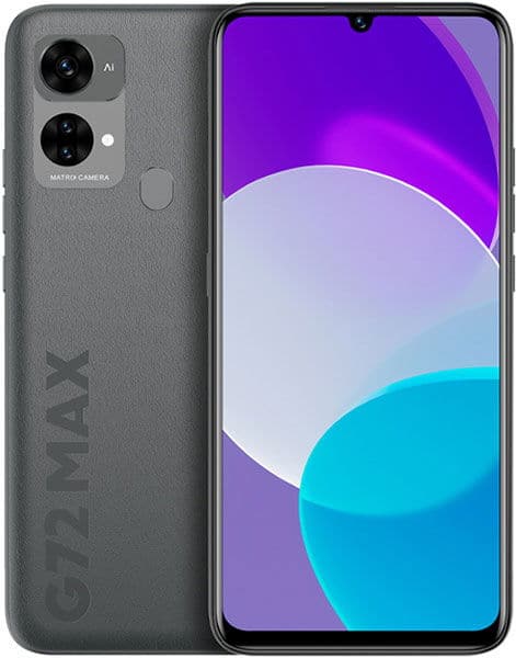 BLU G72 Max front view, gray smartphone with dual rear camera and colorful display showing purple, pink, and cyan gradient design