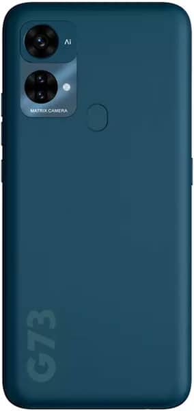 BLU G73 rear view showing teal back panel with dual camera setup and fingerprint sensor