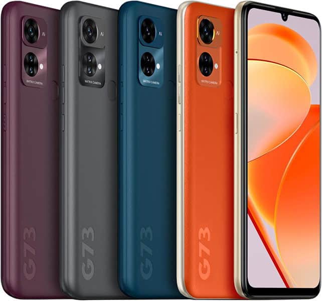 BLU G73 smartphones in five colors—burgundy, black, teal, orange, and orange with white trim—shown from rear and front angles