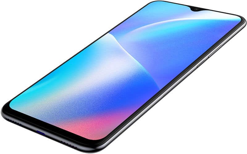 BLU G80 smartphone, front view, displaying blue and pink gradient wallpaper on screen with notched display