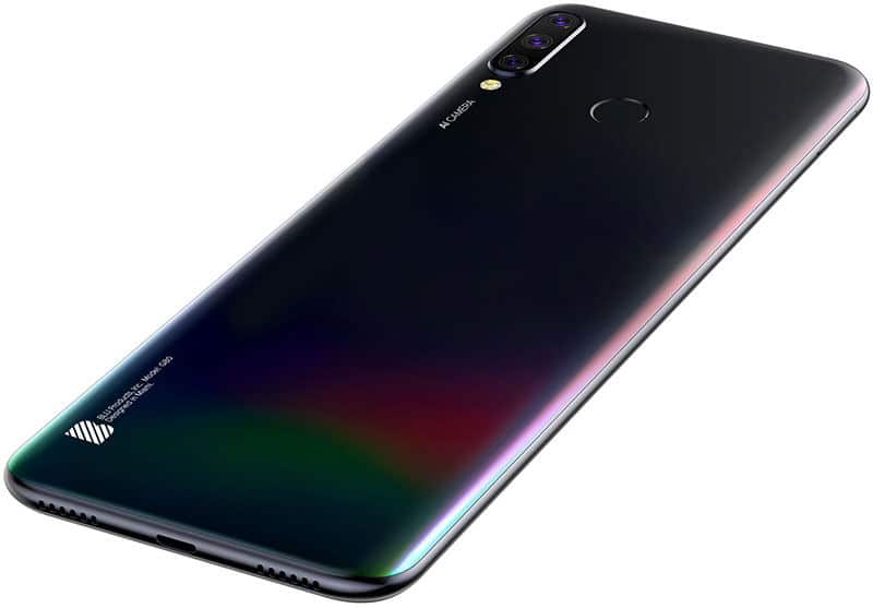 BLU G80 rear view, black phone with gradient color effect and quad camera setup
