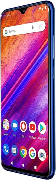 BLU G9 front view with colorful gradient display showing search bar, home screen icons, and navigation buttons at bottom
