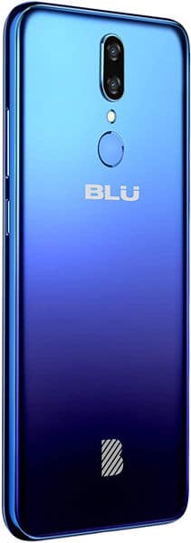 BLU G9 rear view, blue gradient back with dual camera, fingerprint sensor, and BLU branding