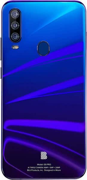 BLU G9 Pro rear view, blue and purple gradient back with triple camera setup and fingerprint sensor