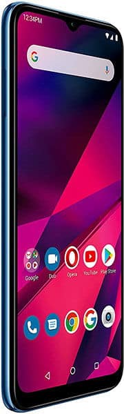 BLU G90 smartphone, front view, displaying pink and purple gradient wallpaper with Google search bar and app icons on home screen